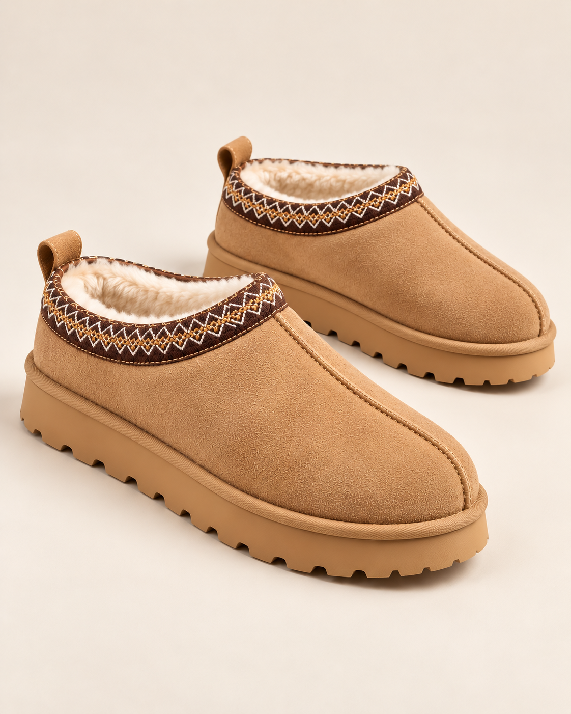 Slipperella Suede Aztec Faux Fur Embroidered Slipper Boots in Camel