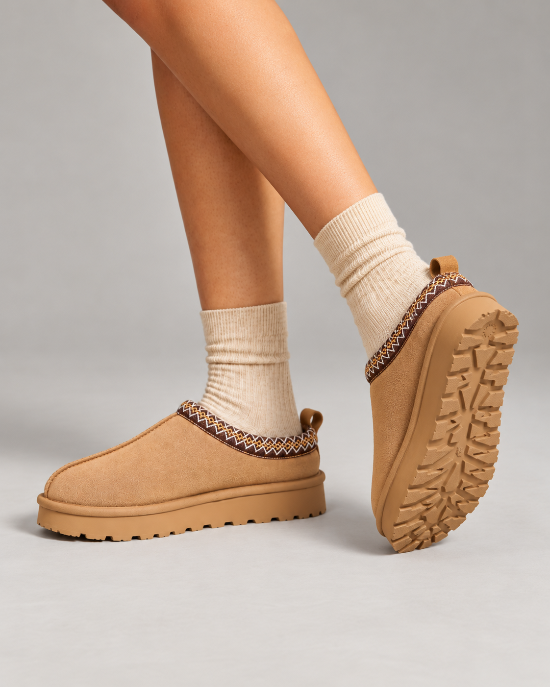 Slipperella camel Aztec slipper boots showing heel pull tab and tread detail