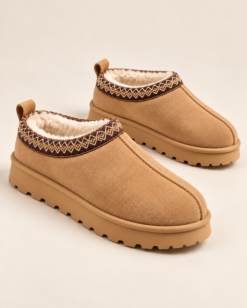 Slipperella Suede Aztec Faux Fur Embroidered Slipper Boots in Camel