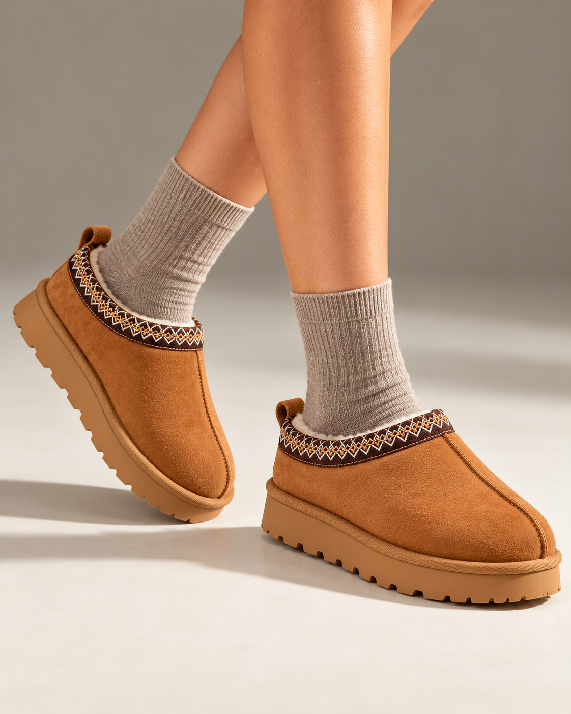 Slipperella Suede Aztec Faux Fur Embroidered Slipper Boots in Caramel