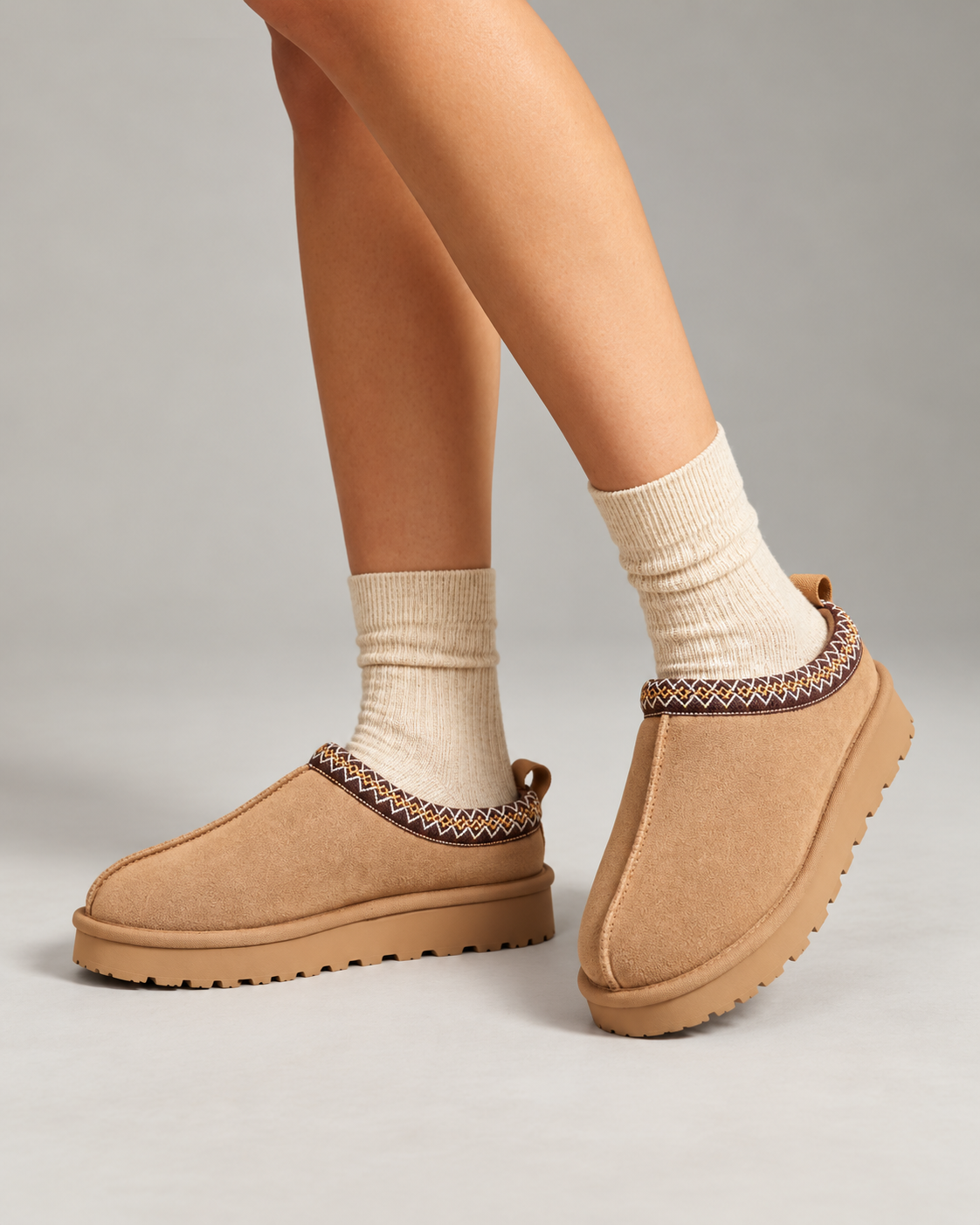Slipperella camel Aztec slipper boots worn with cream socks