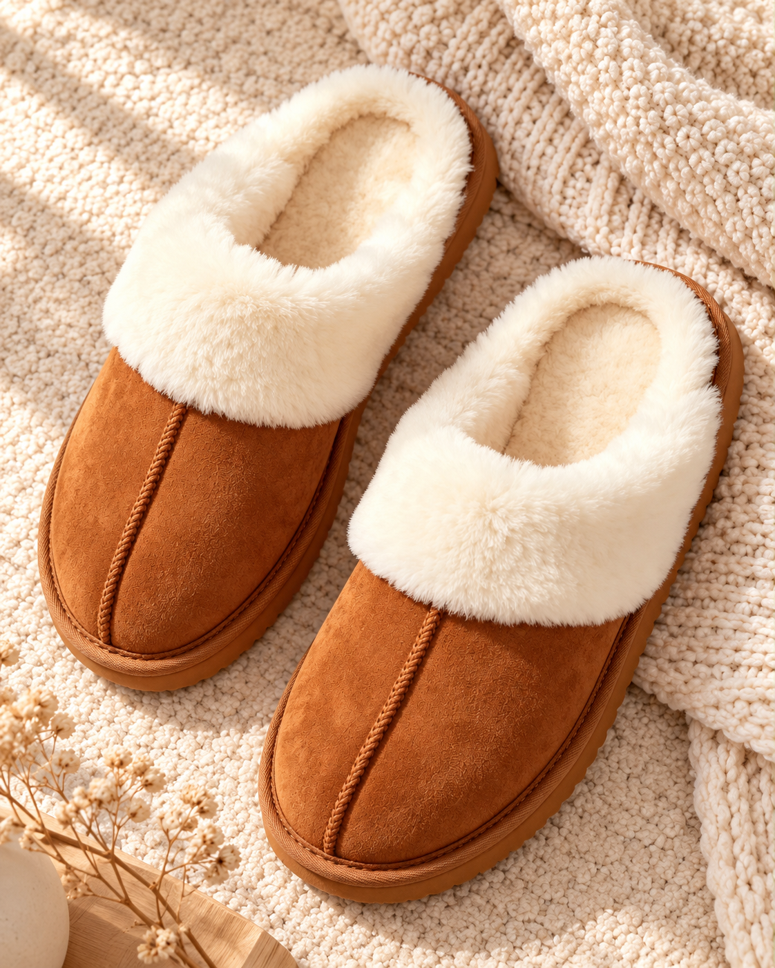 The Cosy Mule tan faux-fur lined slippers on a cream textured rug