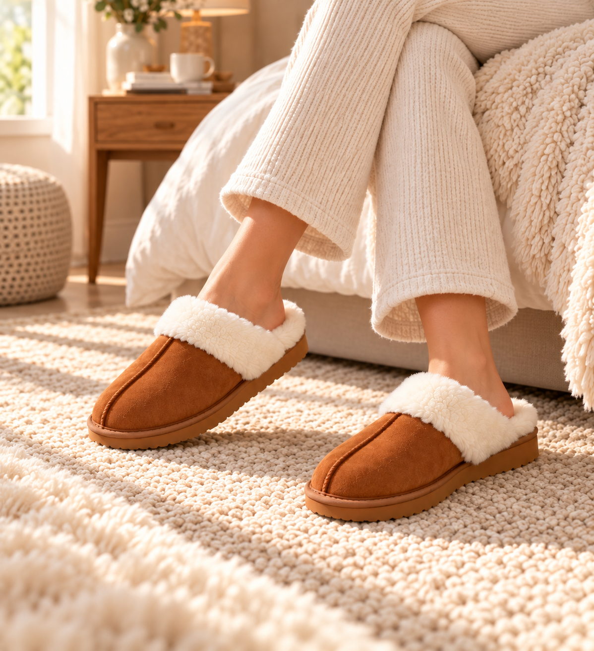 The Cosy Mule worn with cream lounge trousers