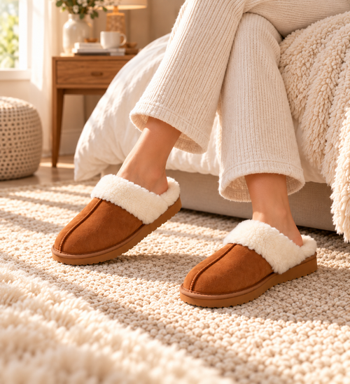 The Cosy Mule worn with cream lounge trousers